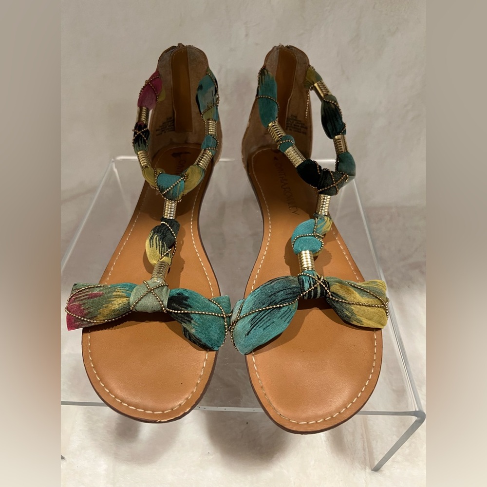 Cynthia Rowley sandals with beautiful colorful fabric and gold chain design